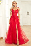 A Line Spaghetti Straps Red Long Ball Dress with Appliques