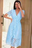 V Neck Mid Length Light Blue Lace Party Dress with Button