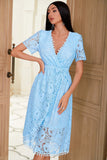 V Neck Mid Length Light Blue Lace Party Dress with Button