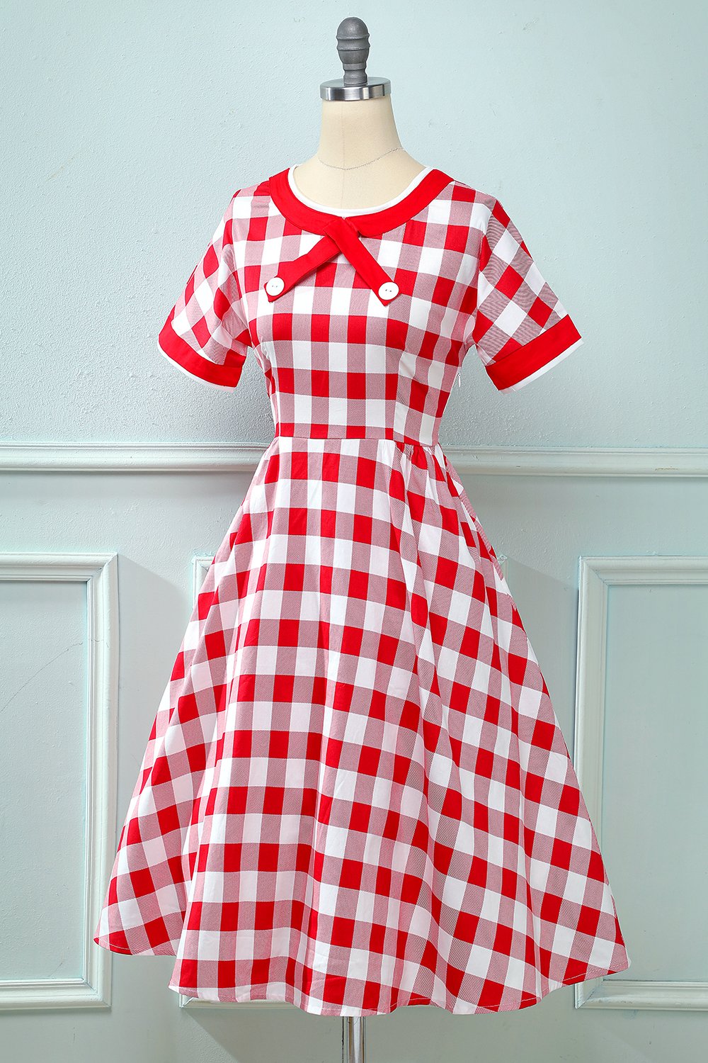 Red Plaid Boat Neck 1950s Dress