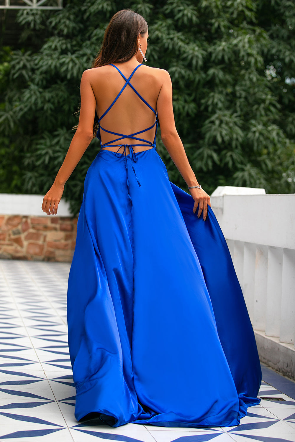 Deep V Neck Royal Blue Evening Dresses 2023 Satin Long Front Slit Sexy  Front Split Lace Applique Beaded Prom Gown Formal Party - AliExpress