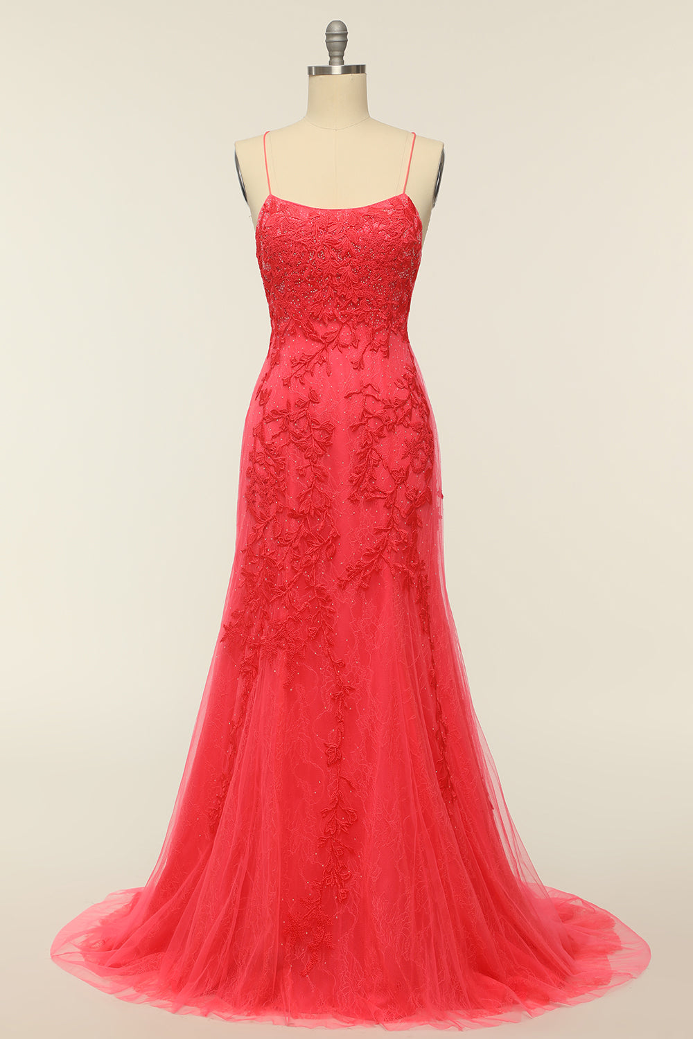 Coral Backless Long Ball Dress with Appliques