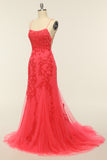 Coral Backless Long Ball Dress with Appliques
