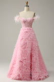A Line Off the Shoulder Pink Corset Ball Dress with Ruffled Feathers