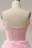 A Line Off the Shoulder Pink Corset Ball Dress with Ruffled Feathers