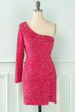 One-Sleeve Glitter Sequins Party Dress
