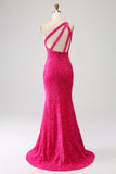 Sparkly Mermaid One Shoulder Fuchsia Sequins Long Ball Dress with Slit