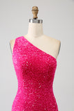 Sparkly Mermaid One Shoulder Fuchsia Sequins Long Ball Dress with Slit