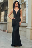 Sparkly Mermaid Deep V Neck Black Lace Long Ball Dress with Beading
