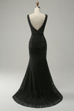 Mermaid Deep V Neck Black Lace Long Ball Dress with Beading