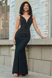 Sparkly Mermaid Deep V Neck Black Lace Long Ball Dress with Beading