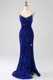 Sparkly Royal Blue Mermaid Spaghetti Straps V-Neck Sequin Long Prom Dress With Split