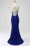 Sparkly Royal Blue Mermaid Spaghetti Straps V-Neck Sequin Long Prom Dress With Split