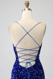 Sparkly Royal Blue Mermaid Spaghetti Straps Sequin Long Prom Dress With Split