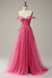 A Line Off the Shoulder Hot Pink Long Ball Dress with Appliques