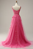 A Line Off the Shoulder Hot Pink Long Ball Dress with Appliques