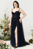 A Line Spaghetti Straps Navy Plus Size Ball Dress with Appliques