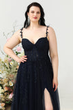 A Line Spaghetti Straps Navy Plus Size Ball Dress with Appliques