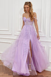 Purple Off the Shoulder Long Ball Dress with Appliques