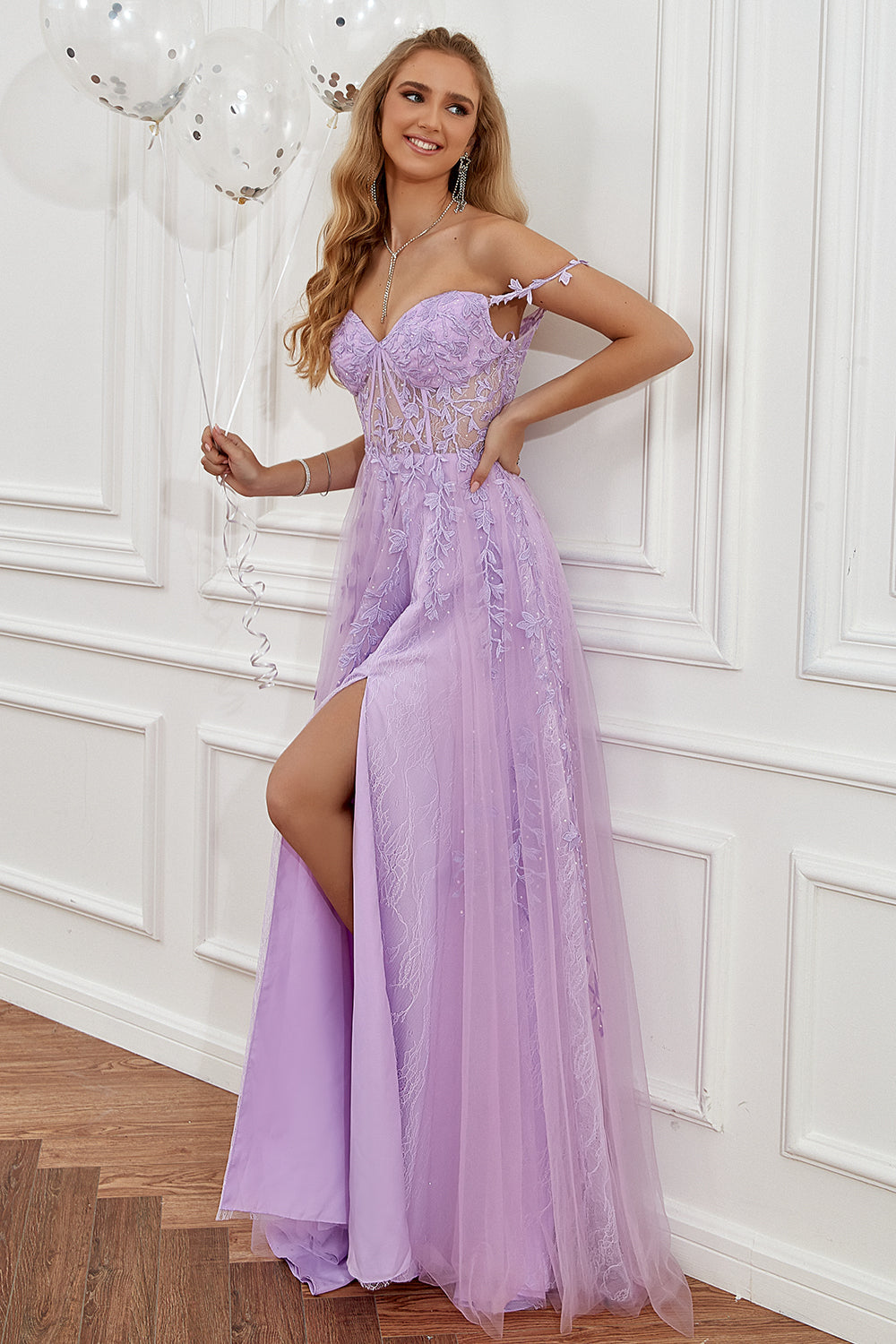Purple Off the Shoulder Long Ball Dress with Appliques