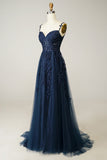 Navy Blue Sweetheart Empire Long Ball Dress with Appliques