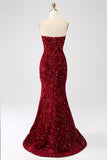 Red Strapless Sequins Long Mermaid Ball Dress With Slit