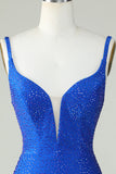 Bodycon Deep V Neck Royal Blue Short Cocktail Dress with Beading