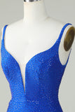 Bodycon Deep V Neck Royal Blue Short Cocktail Dress with Beading