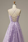 Long Purple Tulle Ball Dress with Lace