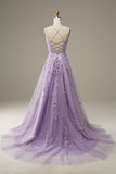 Long Purple Tulle Ball Dress with Lace