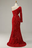 Mermaid One Shoulder Red Sequins Cut Out Ball Dress with Split Front