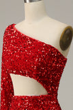 Mermaid One Shoulder Red Sequins Cut Out Ball Dress with Split Front