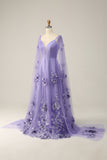 Lilac Watteau Train Ball Dress With 3D Flowers