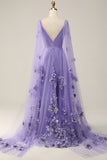 Lilac Watteau Train Ball Dress With 3D Flowers