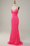 Mermaid Spaghetti Straps Sequined Hot Pink Long Ball Dress