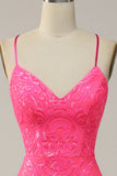 Mermaid Spaghetti Straps Sequined Hot Pink Long Ball Dress