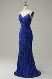 Mermaid Spaghetti Straps Royal Blue Sequins Long Ball Dress with Criss Cross Back