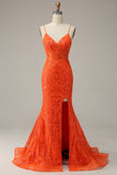 Orange Mermaid Spaghetti Straps Long Ball Dress with Split Front