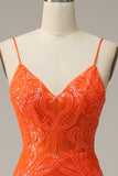 Orange Mermaid Spaghetti Straps Long Ball Dress with Split Front