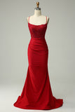 Dark Red Mermaid Halter Beaded Ball Dress with Appliques