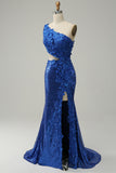 Mermaid One Shoulder Royal Blue Sequins Cut Out Ball Dress with Split Front