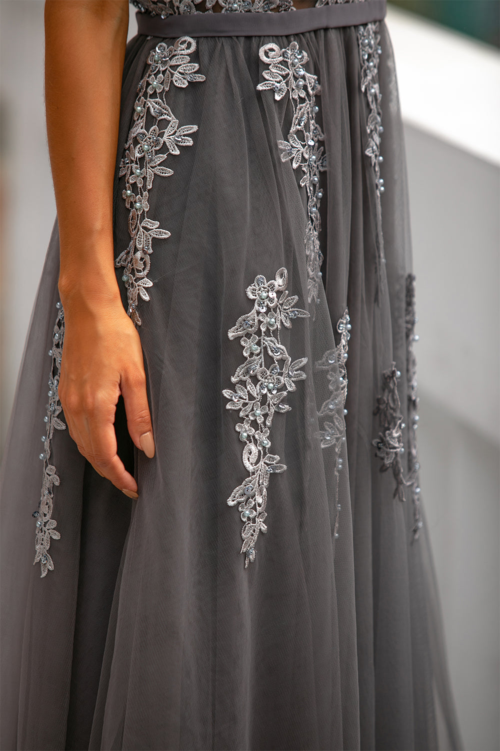 Grey Tulle Ball Dress with Appliques