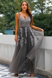 Grey Tulle Ball Dress with Appliques