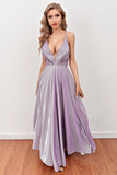 Lilac Deep V-Neck Long Ball Dress with Cross Straps