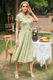 Green V Neck Checkered Summer Dress