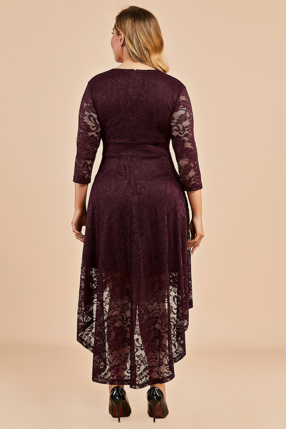 Burgundy High Low Plus Size Lace Dress