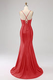 Stunning Red Mermaid Spaghetti Straps Corset Prom Dress with Split Front