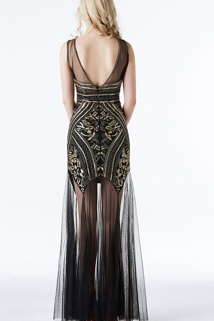 Black Sequin Long Tulle 1920s Dress