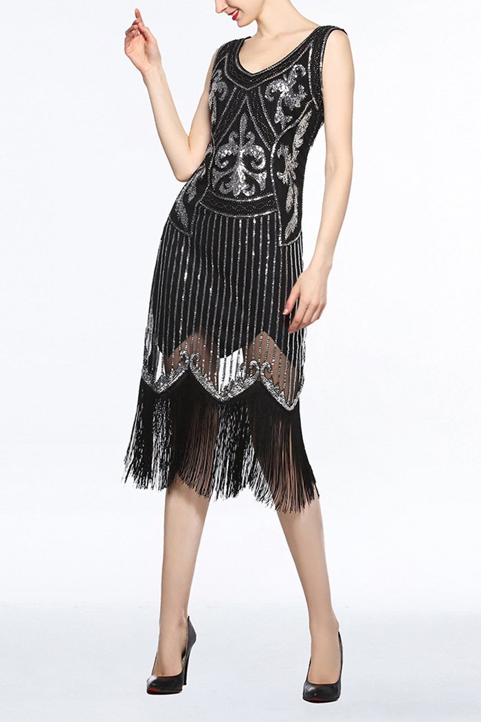 Women Black V Neck 1920s Fringe Sequin Flapper Dress