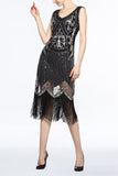 Women Black V Neck 1920s Fringe Sequin Flapper Dress